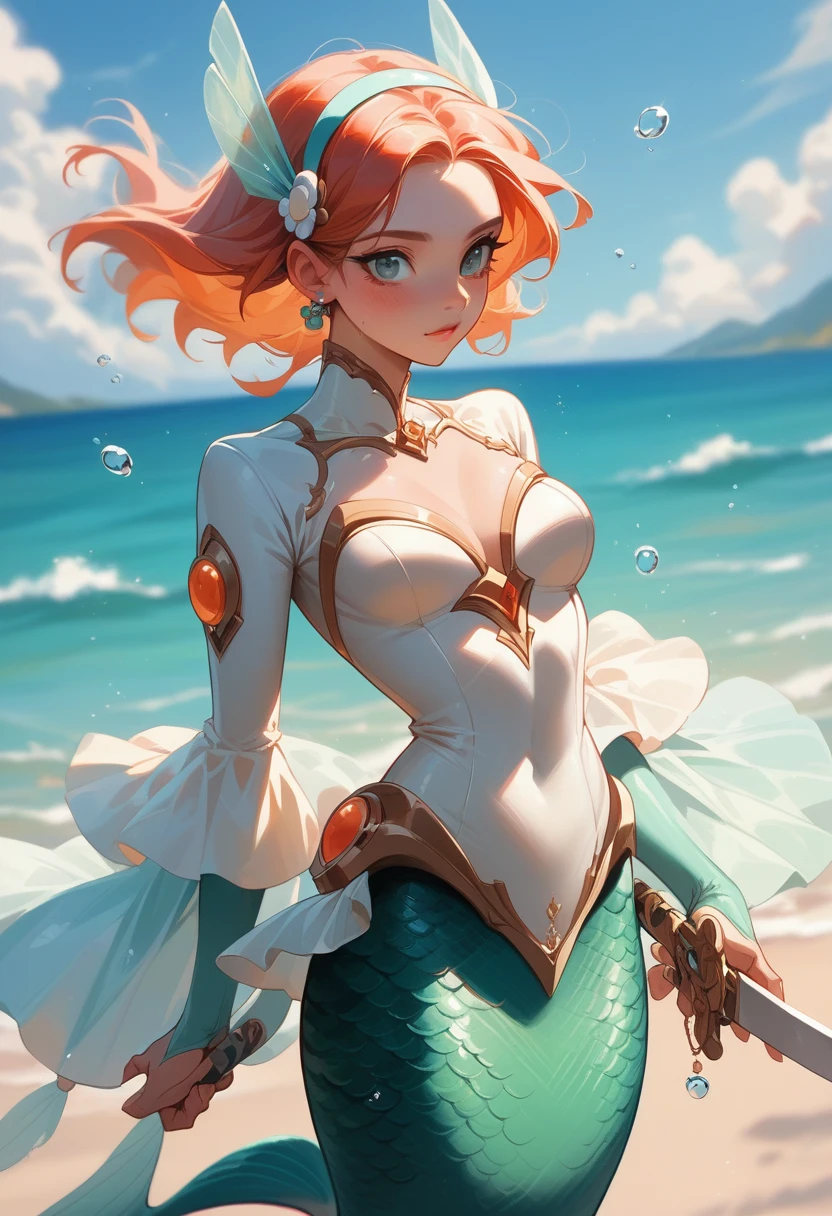 ８K、Very detailed、Wearing seapunk fashion、Stand leaning on a sword、Seaside、Female Android、Medium chest