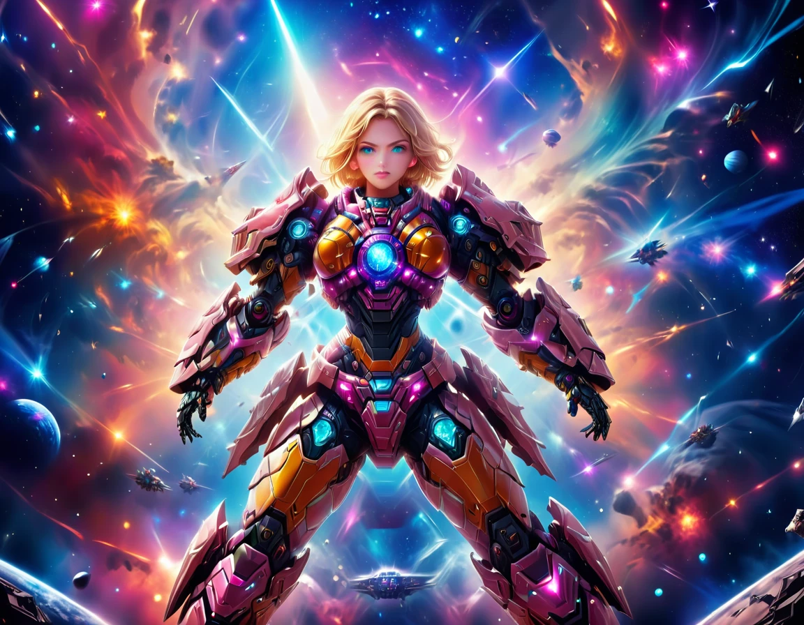 a female mech warrior in battle on a moon in space, full body shot, action shot, a tough and beautiful female mech warrior, short blond hair, dynamic eye color, intent gaze, ultra detailed face, best detailed face, she wears mech armor, and massive sci-fi gun, in battle, outer space background, stars, vibrant, Ultra-high resolution, High Contrast, (masterpiece:1.5), highest quality, Best aesthetics), best details, best quality, highres, (ultra wide angle: 1.2), 16k, ultra detailed, masterpiece, best quality, (extremely detailed),aetherpunkai, Mechanical Creatures, assault rifle