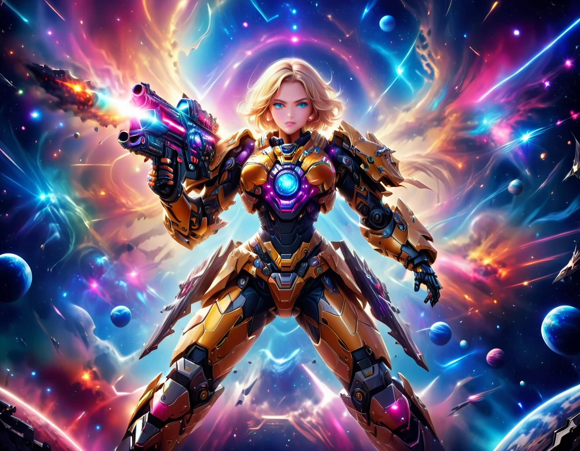a female mech warrior in battle on a moon in space, full body shot, action shot, a tough and beautiful female mech warrior, short blond hair, dynamic eye color, intent gaze, ultra detailed face, best detailed face, she wears mech armor, and massive sci-fi gun, in battle, outer space background, stars, vibrant, Ultra-high resolution, High Contrast, (masterpiece:1.5), highest quality, Best aesthetics), best details, best quality, highres, (ultra wide angle: 1.2), 16k, ultra detailed, masterpiece, best quality, (extremely detailed),aetherpunkai, Mechanical Creatures, assault rifle