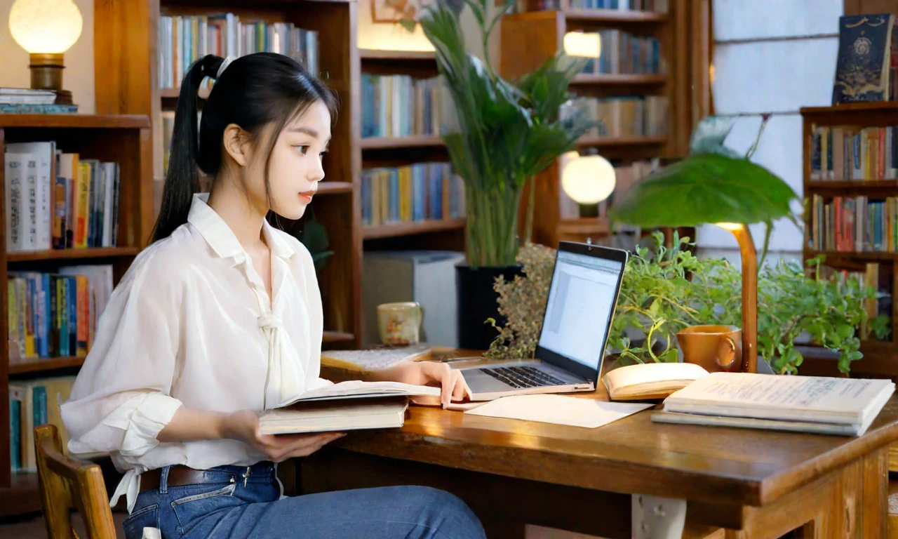 A asian young girl with long black hair tied in a ponytail, wearing a white blouse and blue jeans, is studying diligently at a wooden desk in a cozy library. She is surrounded by shelves filled with books, and her desk is cluttered with textbooks, a laptop, and a cup of tea. A night light from a vintage lamp illuminates her focused face as she takes notes in a notebook. Tall windows offer a view of a leafy garden outside, moon light, with the soft glow of the setting sun casting gentle shadows. The atmosphere is quiet and peaceful. v 6,ar 16:9,q 2,style photorealistic,lighting soft and warm,details intricate,expression focused,background detailed --style raw --s 250 --p suoz3f7 --v 6.0