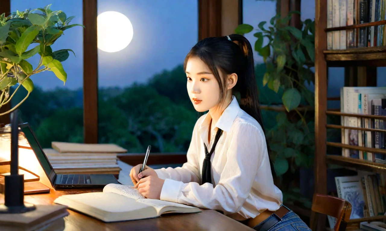 A asian young girl with long black hair tied in a ponytail, wearing a white blouse and blue jeans, is studying diligently at a wooden desk in a cozy library. She is surrounded by shelves filled with books, and her desk is cluttered with textbooks, a laptop, and a cup of tea. A night light from a vintage lamp illuminates her focused face as she takes notes in a notebook. Tall windows offer a view of a leafy garden outside, moon light, with the soft glow of the setting sun casting gentle shadows. The atmosphere is quiet and peaceful. v 6,ar 16:9,q 2,style photorealistic,lighting soft and warm,details intricate,expression focused,background detailed --style raw --s 250 --p suoz3f7 --v 6.0