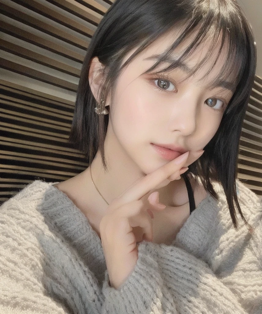 RAW photo, (8k), (highest quality: 1.2), (realistic), (realistic: 1.37), ultra high resolution, photo of a high school girl in taking a selfie, selfie, (school uniform), (Navy blue cardigan) White shirt, tie, pleated skirt, (blue knee-high socks), (1 female, half Korean and half Japanese, 80% Korean, , cute, smiling, closed mouth, thick lips) , red lips, face with freckles, aquiline nose, crying eye (very dark black hair 1.4)), slightly plump cheeks, round face, bob hair, short hair, very short, gray eye color, medium Large breasts, indoors, top, close-up of face, thin necklace, (middle shot: 1.2)