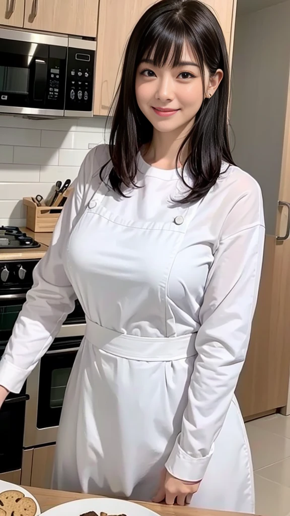 ((Best Quality, 8K, Masterpiece: 1.3)), detailed eyes, double eyelids, long hair, big breasts, very fat, big hips, kitchen, cooking, thin apron