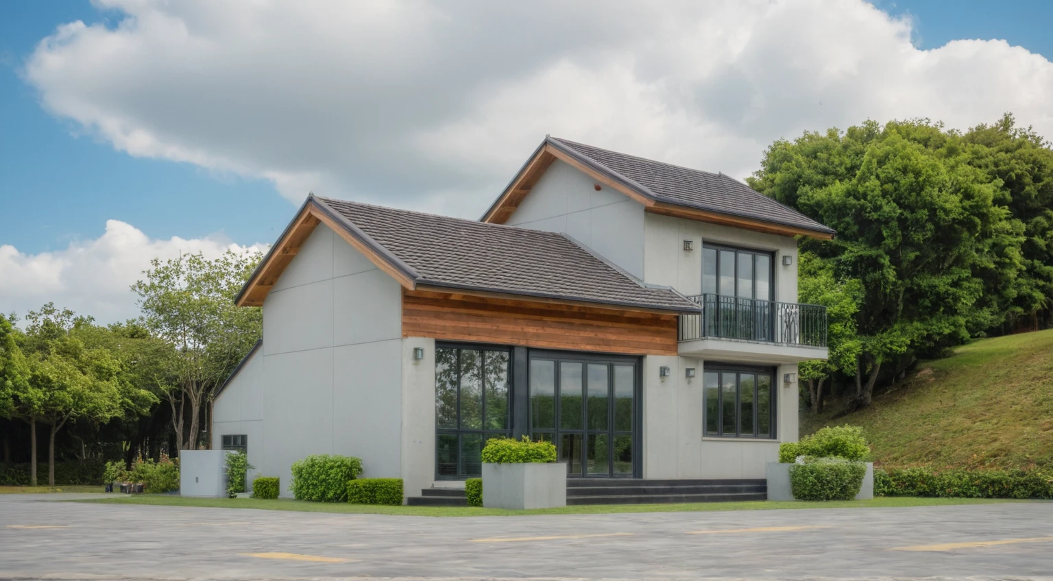 Masterpiece, high quality, best quality, authentic, super detail, outdoors, onestoreyvillaXL, aiai, aiaigroup, wall stone,  house style modern on the street ,stairs, white wall ,road,pavement, grass, trees, sky, cloud, (daylight:1.1)
