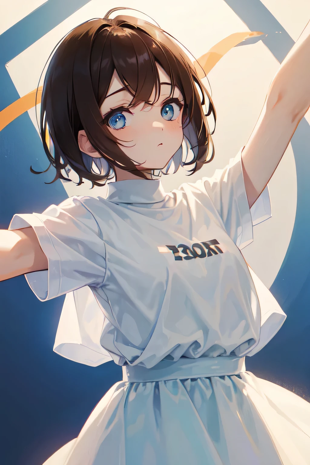 Woman in her 20s、cute、Bob hairstyle、Brown Hair、White T-shirt、Troubled face、Standing with arms outstretched、Background white、No background