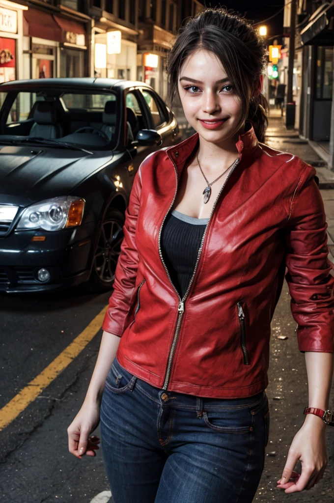 1girl, (realistic),(hyperrealism),(best quality),(masterpiece),(ultra high res),(photorealistic),idol,eye makeup,detailed eyes,detailed face,black dress, claireredfield2, brown hair, (red jacket:1.2), ponytail, (denim pants:1.3),, red wristband,, abandoned street, burning cars in background, littered street, smoke, chaos, zombie apocalypse, daytime, sunny,, flirting, looking at viewer, smiling, closeup shot