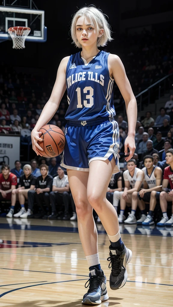 Basketball player, 16 year old girl with white hair, white skin and blue eyes, full body with bad face