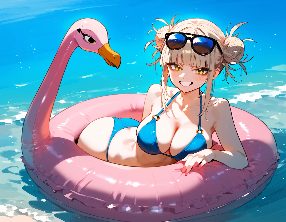 anime artwork, score_9, score_8_up, score_7_up, score_6_up, score_5_up, score_4_up, floox style    //////Himiko toga, big breasts, she is 24 years old, style_3, , , , naked, sunglasses, yellow eyes, solo, bikini , smile, in water, inflatable_flamingo, flamingo