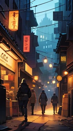 on a night in a large metropolis, people stealing through the dark streets comic book illustration