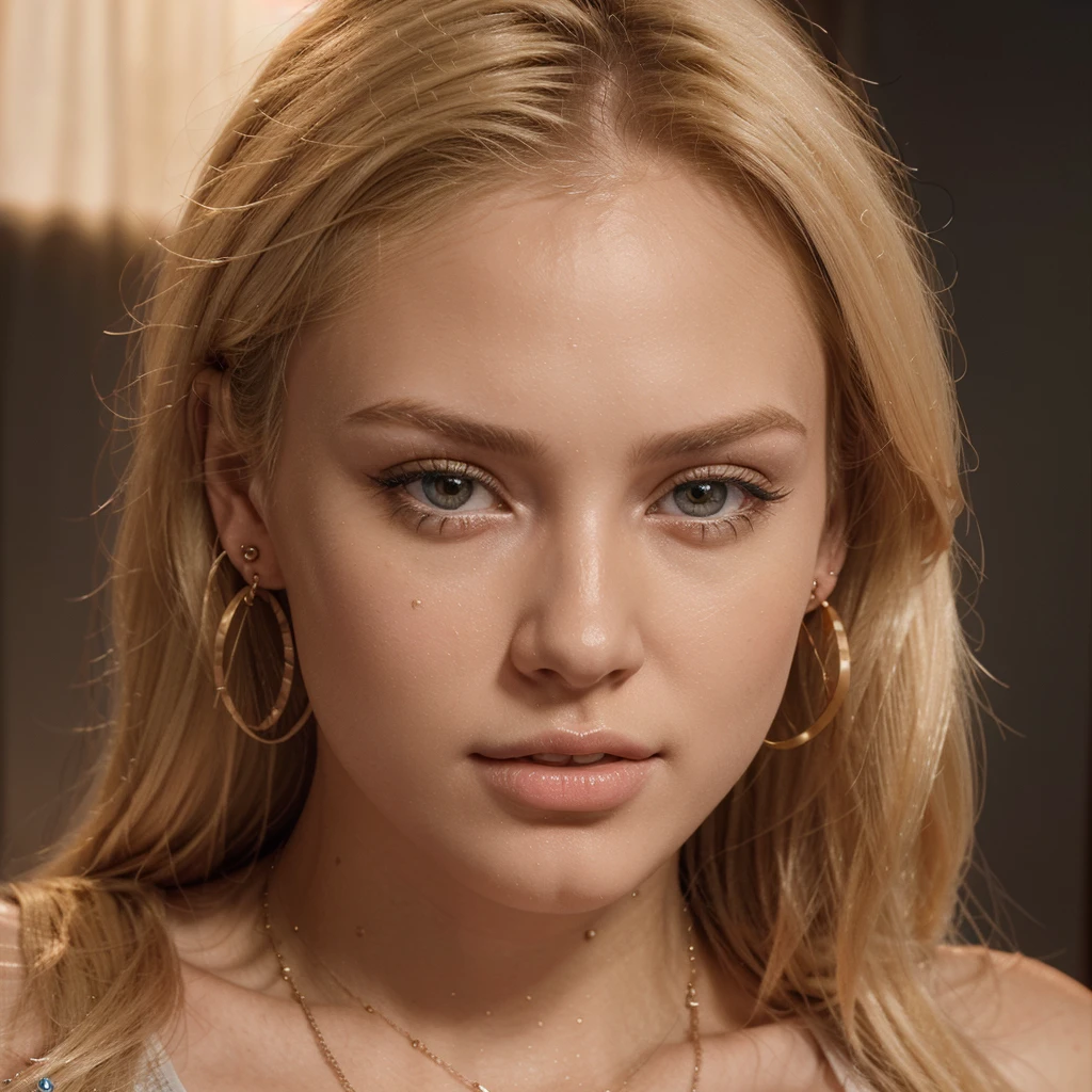 Create super high resolution 3d close-up image of a blonde Bella. 24 years old. Long blonde hair. Wears an earrings, necklece. Hyper realistic. Ultra detailed. Sharp focus. The image is rendered in animated art style, ensuring a visually stunning presentation in 8K resolution. Colorful background.