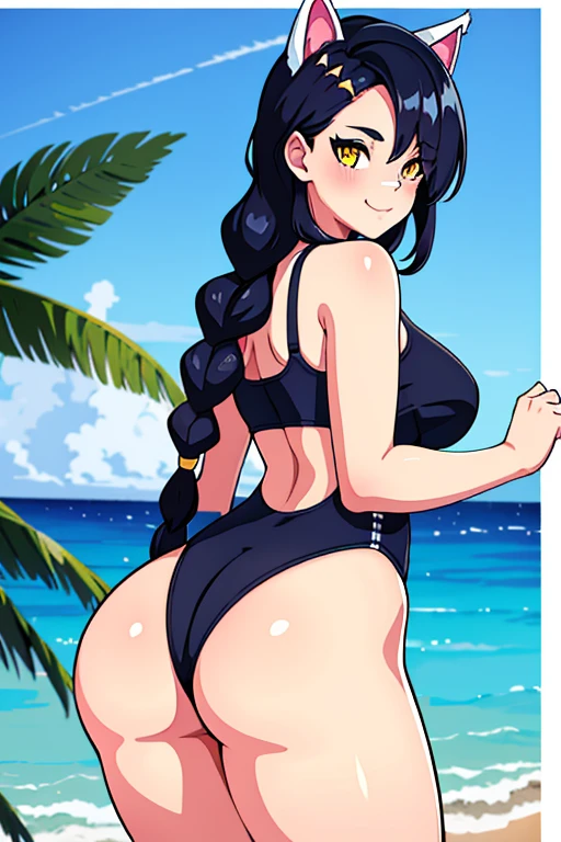 Erisa, 1girl, solo, long hair, looking at viewer, black hair, bandaid on face, yellow eyes, animal ears, smile, bandaid on nose, braid, cat ears, bandaid, bangs, breasts, fake animal ears, simple background, fang, bare shoulders, scar, bare shoulders, closed mouth, hair over one eye, portrait, hair over shoulder, legs, seductive, bathing suit, 2 piece swimsuit, beach, realistic, highly detailed face, detailed eyes, best quality, masterpiece, ultra detail, ultra high res, extreme detail, 8k, uhd, voluptuous, curvy, thick thighs, milf, butt, ass, round ass, from behind, holding up butt, 