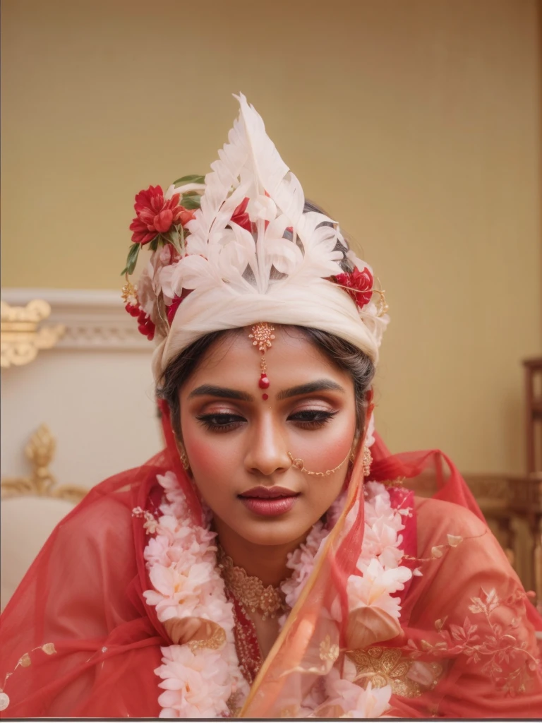 a beautiful Indian bride wearing a red sharee, intricate embroidery, golden jewelry, ornate hair accessories, warm lighting, photorealistic, highly detailed, cinematic composition, dramatic lighting, vibrant colors, masterpiece