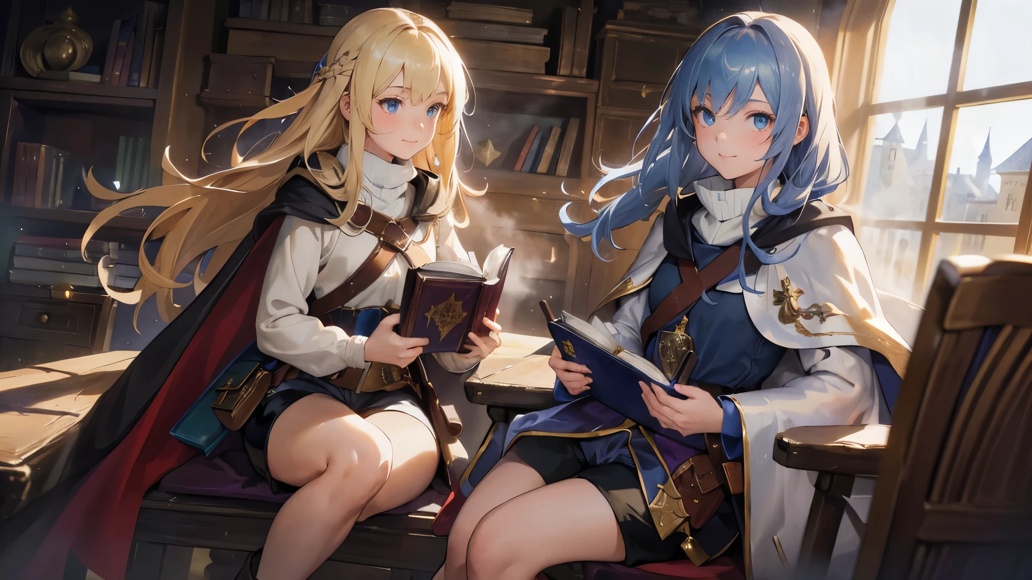 masterpiece, ultra detailed, 8K Portrait, Raw photo, (((((2 girls))))), girls photography, full body, Highly detailed face, ((Fantasy)), , (((classmates))), smile, various hairstyles and hair color, (((white long tunic with a single vertical blue line))), (((black shorts))), (((white cape with coat of arms))), (((little waist hip pouch))), leather boots, various pose, ((holding magic book)), In the classroom of the medieval magic school, sitting, Midday Sun, Hyper realistic, Ambient lighting, Shadow details , Camera focus on face, strong breeze, Light fog
