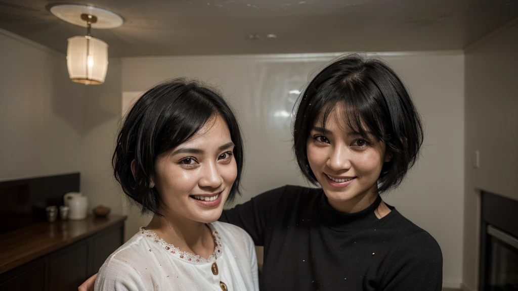 (extremely detailed 8k wallpaper), (30 years old woman with her daughter), fine focus, ((south-east Asian)), (subsurface dispersion:1.1), (((short black hair))), expression ((smiling)), award-winning photography, in a house.