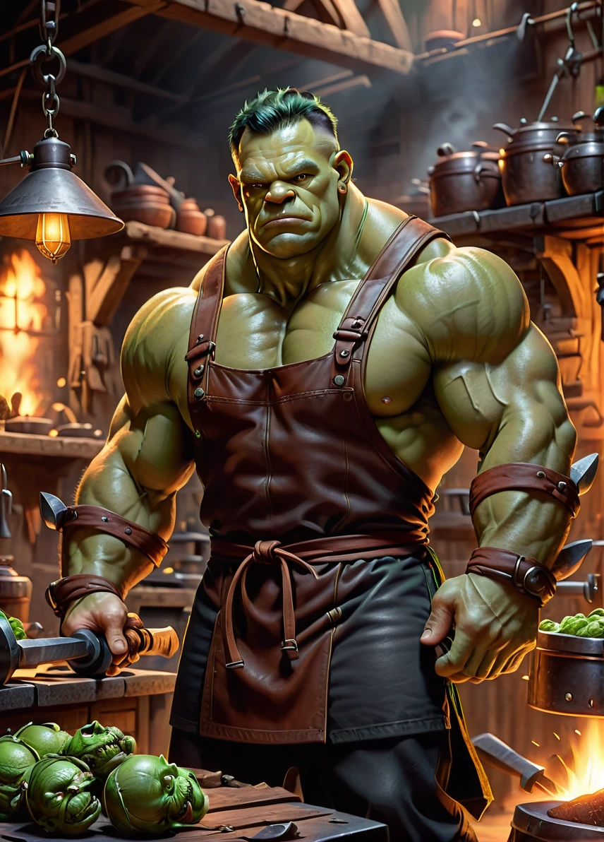 orc blacksmith, (young muscular male: 1.5), (green skin and husks: 1.8), (serious look: 1.5), muscular, (blacksmith clothing and leather apron: 1.5), smithy workshop background, smithing weapon, full shot, ((looking at viewer:1.2), (from side:0.8)), athletic, volumetric lighting dynamic lighting, real shadows, vibrant contrasting colors, style of Stephen Hickman and Stan Manoukian, ultra realistic, masterpiece, high quality, highres, sharp focus, intricate, sharp details, highly detailed, rich color, 8K,