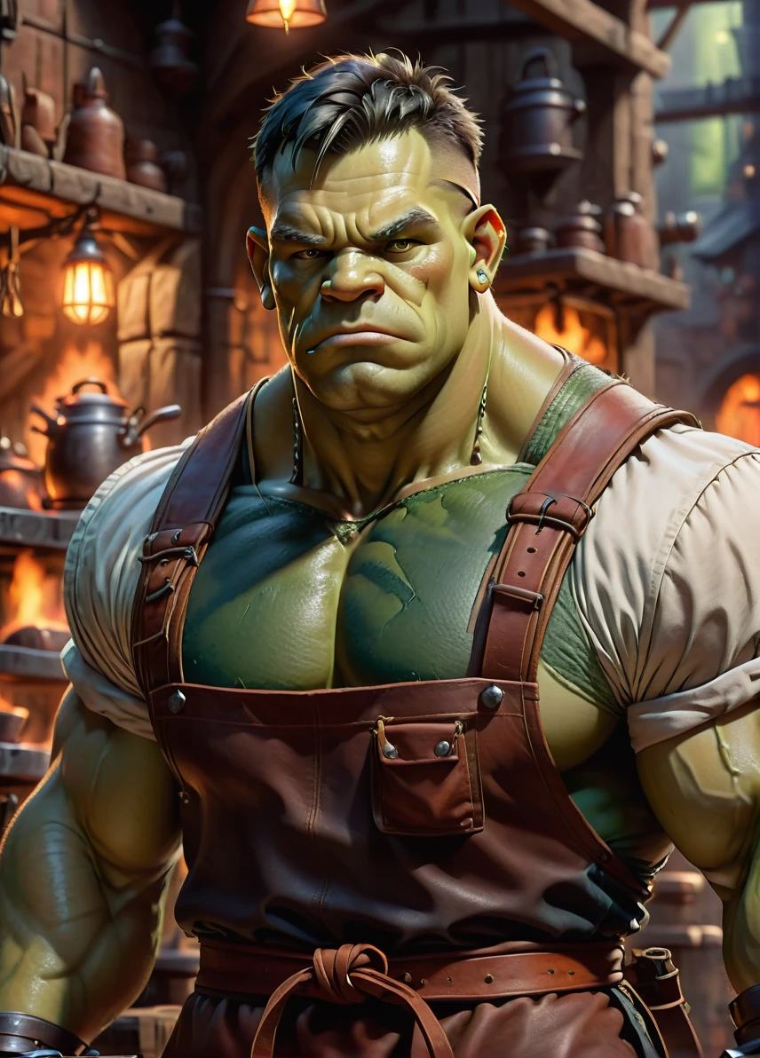 ((Green Skin:1.3)) ((half orc:1.1)) (((small fangs))) (highly detailed RAW color photo, masterpiece, ultra detailed), (medieval pirate theme:1.3), (full body:0.6), solo, 1orc male, fat, stout, bald, gray-bearded yellow eyes, (detailed eyes and detailed face), looking at the viewer, wearing a pirate uniform (navy blue:1.4) with a white cook's apron on top (((apron:1.2)))), leather and winter furs, winter night in the background, (on board the ship:1.1), leather and cold winter skin, beautiful night of overcast sky (fog: 1.2) (rain: 1.1) (winter: 1.1) (masterpiece: 1.2) (illustration: 1.1) (best quality: 1.2) (detailed) (intricate) (8k) (HDR) (wallpaper) (cinematic lighting) (sharp focus) (photography, soft lighting of dark sky, soft details, octane, artstation trend, ultra high detail, ultra realistic, cinematic, 16k, digital art, Dungeon and Dragons-inspired art)