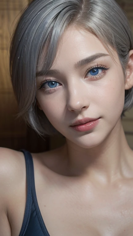 (8K, RAW Photos, Highest quality,masterpiece:1.2),(Realistic, photo-Realistic:1.4),(extremely detailed 8K wallpaper),One Woman,Beautiful Face,Very detailed,Fuller lips,Beautiful Face,Realistic Skin,Detailed skin,model,Beautiful woman,Exquisite face,Dimples,Small breasts,(Beach,Thong swimsuit),(Short Hair:1.5),(Gray Hair:1.5),(blue eyes:1.5),bright,Detailed face,Beautiful Face,smile,Light of the sun,from_above