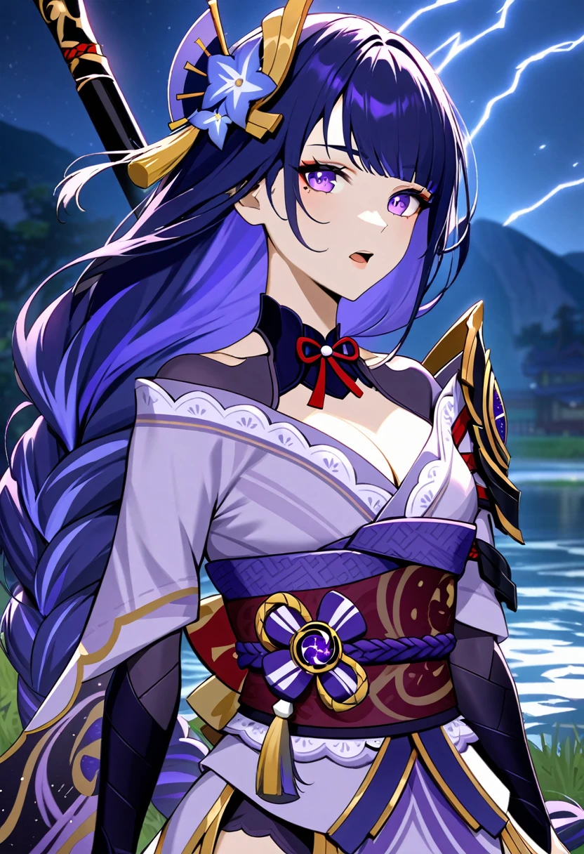 Raiden Shogun from Genshin impact, calm eyes , purple dress, beautiful body, night time by the riverside, high res, Perfect face, open mouth, digital art, polearm ,Thunder