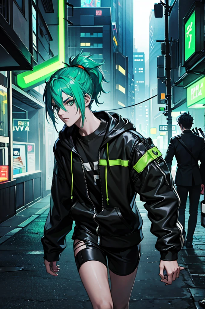fluorescent green hair ,very short ponytail , black eye, severe dark circles , droopy eyes , cyberpunk hood , Timid , dependent , heartless , night background , dark , Hikikomori , genderless , masculine, androgynous , boy , man , Man , Overhead retro bike goggles , neuter character