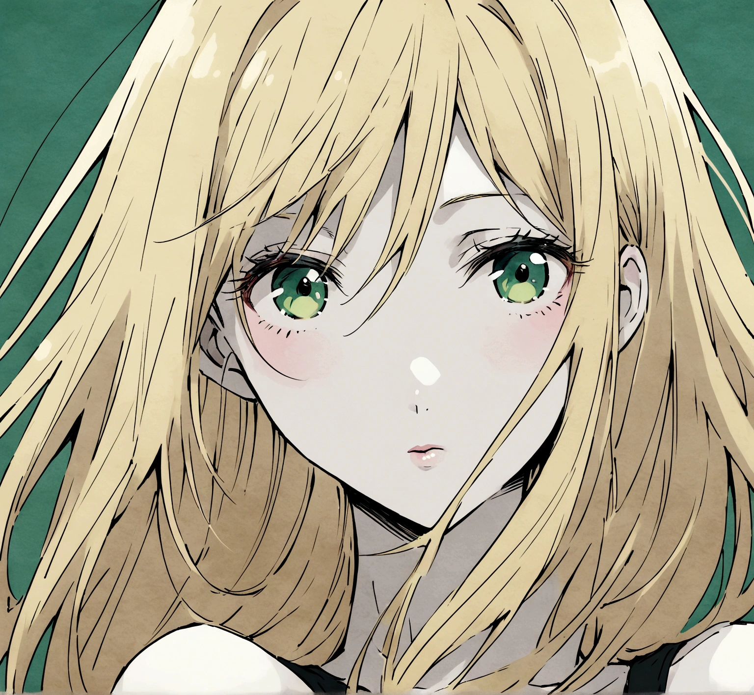 Female character with drawing style by Ai Yazawa (Creator of Mangas like Nana or Paradise Kiss) with long straight blonde hair, grayish green eyes, pale skin and slim build.