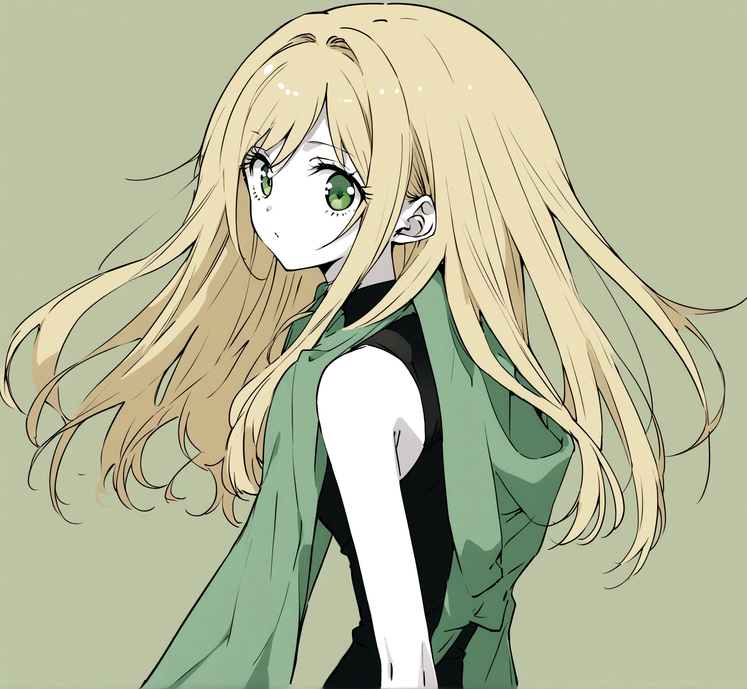 Female character with drawing style by Ai Yazawa (Creator of Mangas like Nana or Paradise Kiss) with long straight blonde hair, grayish green eyes, pale skin and slim build.