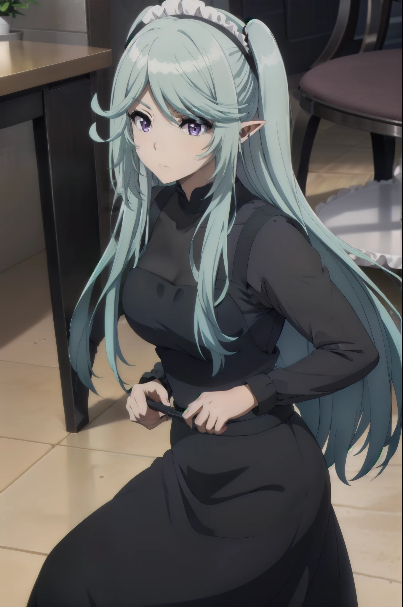 best quality, blue hair,,long hair,purple eyes,pointy ears,elf,,masterpiece, highres, solo, (maid:1.40), (long maid dress:1.15), anime_style, 14