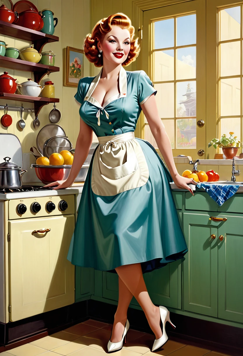Overall view, Arlene Dahl, Depicted with a voluptuous body, Curvy, A plump mature woman, Dressed as a housewife with a white strap apron、Taking a break in the kitchen wearing high heels, Colorful paintings, Inspired by an illustration from Punch magazine circa 1900, The influence of Victorian fashion、His style is reminiscent of Gil Elvgren and Art Frahm., Intricate fashion details, Adopt the golden ratio, Dramatic lighting, Ultra-fine, Digital Painting