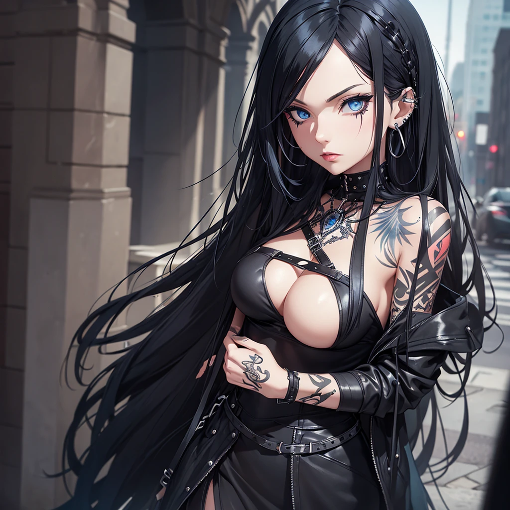 Female with a long black hair and blue eyes wearing goth clothes, piercings and tattoos