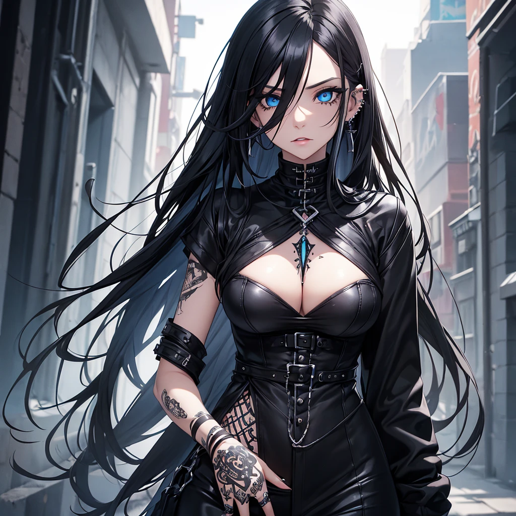 Female with a long black hair and blue eyes wearing goth clothes, piercings and tattoos