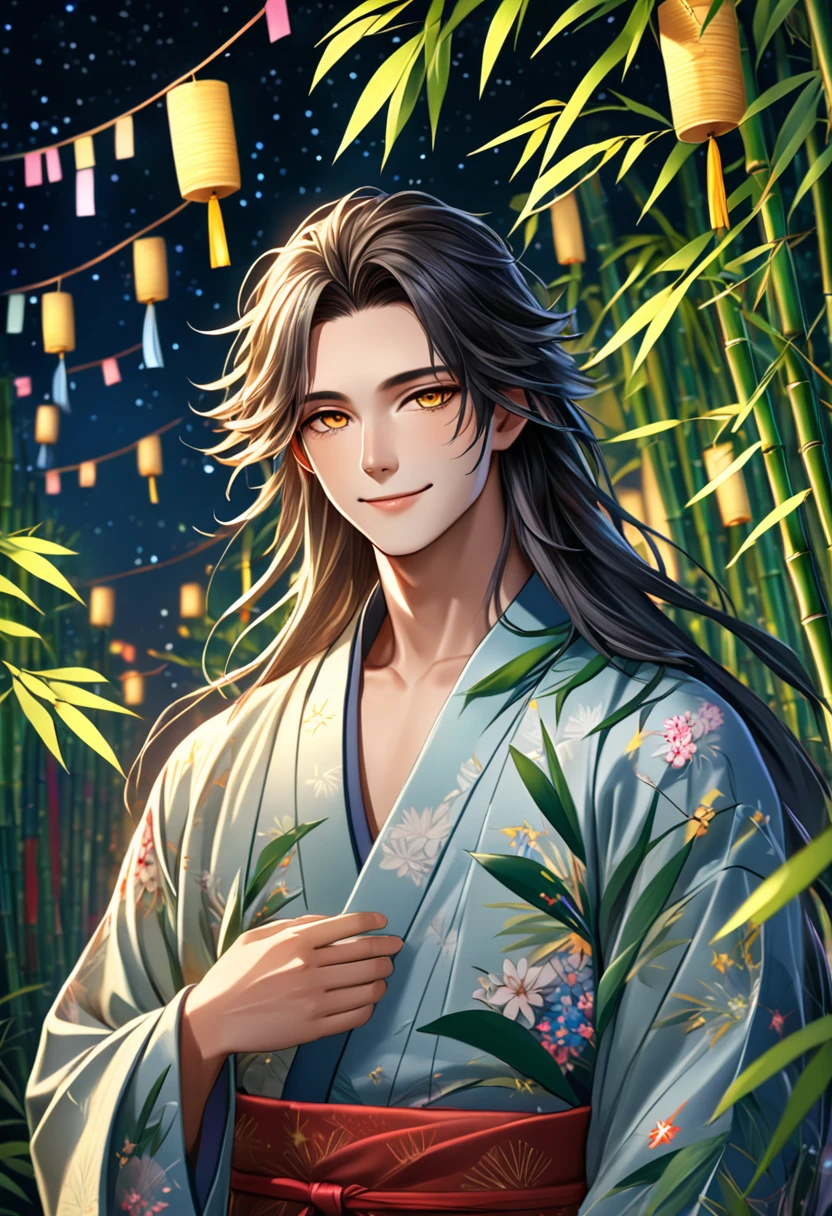 (masterpiece, 8K, Absurd, Digital Art, Digital Illustration, Realistic, Very detailed, Realistic lighting), (Perfect Face, Perfect Eyes, Perfect body), male,1 person、Miyabi、On the night of Tanabata, a young androgynous man with long hair stands in front of bamboo leaves. He is wearing a traditional yukata robes and has a gentle smile on his face. In the background, there are many bamboo leaves and colorful paper strips, creating a bright and festive atmosphere of the festival. Stars shine in the night sky, creating a fantastic and beautiful scene. Flowers are adorning the man's hair, which, together with his smile, emphasize the calm and happy mood.