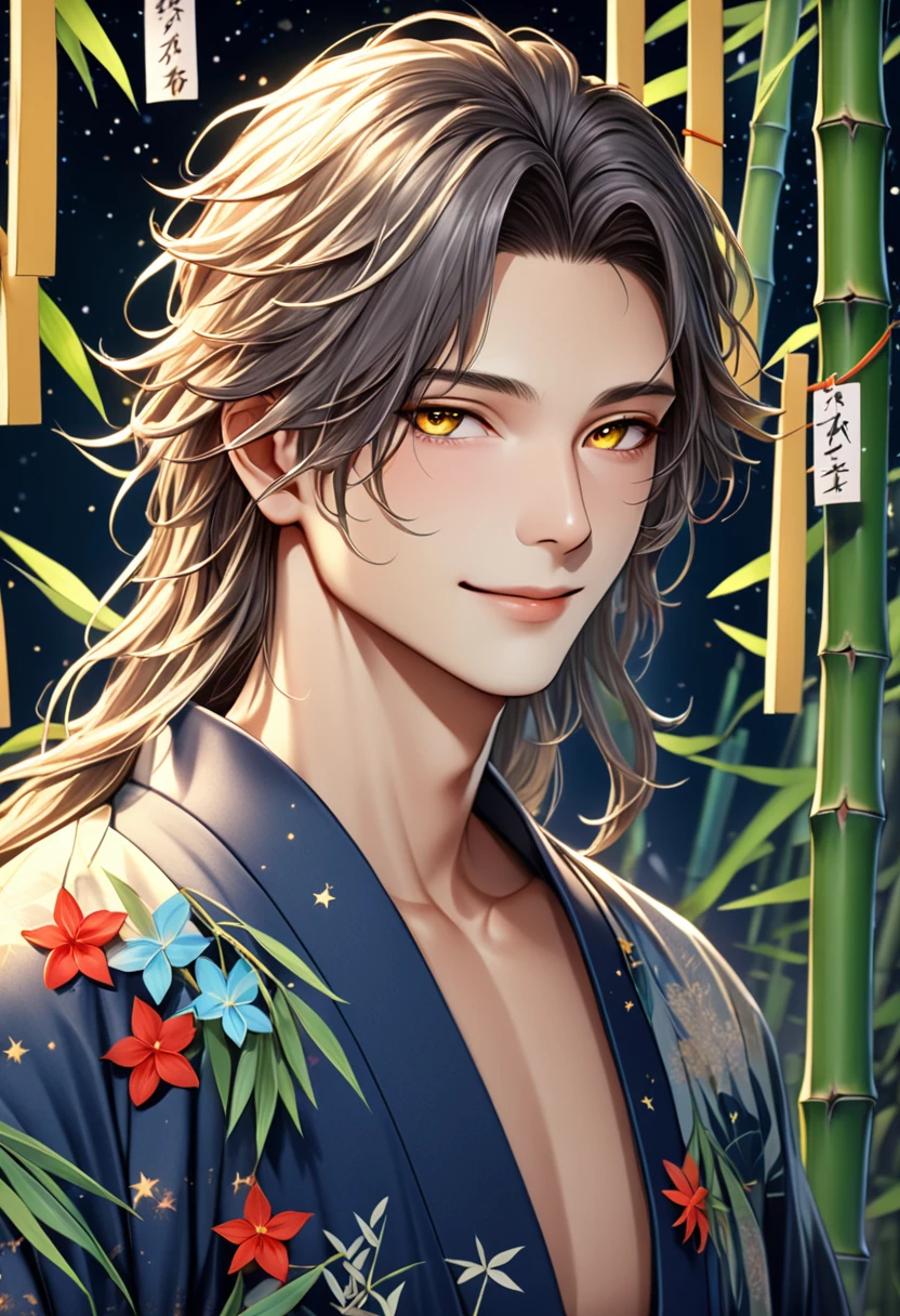(masterpiece, 8K, Absurd, Digital Art, Digital Illustration, Realistic, Very detailed, Realistic lighting), (Perfect Face, Perfect Eyes, Perfect body), male,1 person、Miyabi、On the night of Tanabata, a young androgynous man with long hair stands in front of bamboo leaves. He is wearing a traditional yukata robes and has a gentle smile on his face. In the background, there are many bamboo leaves and colorful paper strips, creating a bright and festive atmosphere of the festival. Stars shine in the night sky, creating a fantastic and beautiful scene. Flowers are adorning the man's hair, which, together with his smile, emphasize the calm and happy mood.
