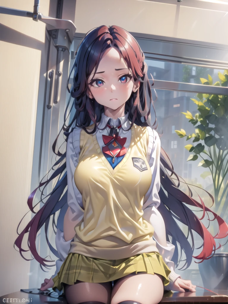 meakurosaki, mea kurosaki, ahoge, blue eyes, braid, hair intakes, hair ornament, long hair, red hair, hair braid,
BREAK green skirt, plaid, plaid skirt, sainan high , , skirt, shirt, white shirt, sweater vest, (yellow sweater vest:1.5),
BREAK looking at viewer,
BREAK indoors, classroom,
BREAK (masterpiece:1.2), best quality, high resolution, unity 8k wallpaper, (illustration:0.8), (beautiful detailed eyes:1.6), extremely detailed face, perfect lighting, extremely detailed CG, (perfect hands, perfect anatomy),