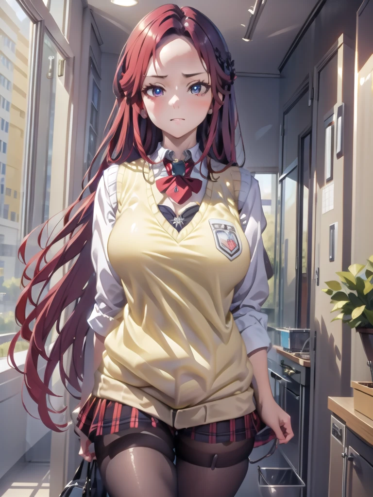 meakurosaki, mea kurosaki, ahoge, blue eyes, braid, hair intakes, hair ornament, long hair, red hair, hair braid,
BREAK green skirt, plaid, plaid skirt, sainan high , , skirt, shirt, white shirt, sweater vest, (yellow sweater vest:1.5),
BREAK looking at viewer,
BREAK indoors, classroom,
BREAK (masterpiece:1.2), best quality, high resolution, unity 8k wallpaper, (illustration:0.8), (beautiful detailed eyes:1.6), extremely detailed face, perfect lighting, extremely detailed CG, (perfect hands, perfect anatomy),