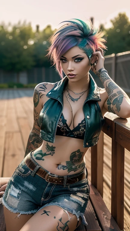 8k high resolution ultra detailed photography of a 35 year old punk woman with rainbow hair, 35 year old punk woman wears a cropped leather vest with tiger skin and jeans shorts with sexy leather chaps and cowboy boots, woman sits in full body pose on a wooden fence looking into the camera , the face of the 35 year old punk woman is depicted in ultra detail with beautiful green eyes and long eyelashes and full lips, full body tattoo, Long hairstyle