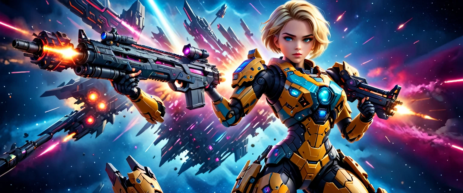 a female mech warrior in battle on a moon in space, full body shot, action shot, a tough and beautiful female mech warrior, short blond hair, dynamic eye color, intent gaze, ultra detailed face, best detailed face, she wears mech armor, and massive sci-fi gun, in battle, outer space background, stars, vibrant, Ultra-high resolution, High Contrast, (masterpiece:1.5), highest quality, Best aesthetics), best details, best quality, highres, (ultra wide angle: 1.2), 16k, ultra detailed, masterpiece, best quality, (extremely detailed),aetherpunkai, Mechanical Creatures, assault rifle