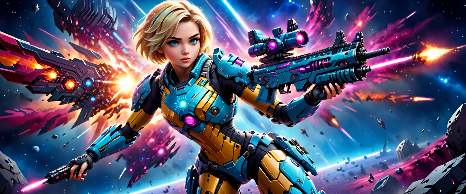 a female mech warrior in battle on a moon in space, full body shot, action shot, a tough and beautiful female mech warrior, short blond hair, dynamic eye color, intent gaze, ultra detailed face, best detailed face, she wears mech armor, and massive sci-fi gun, in battle, outer space background, stars, vibrant, Ultra-high resolution, High Contrast, (masterpiece:1.5), highest quality, Best aesthetics), best details, best quality, highres, (ultra wide angle: 1.2), 16k, ultra detailed, masterpiece, best quality, (extremely detailed),aetherpunkai, Mechanical Creatures, assault rifle