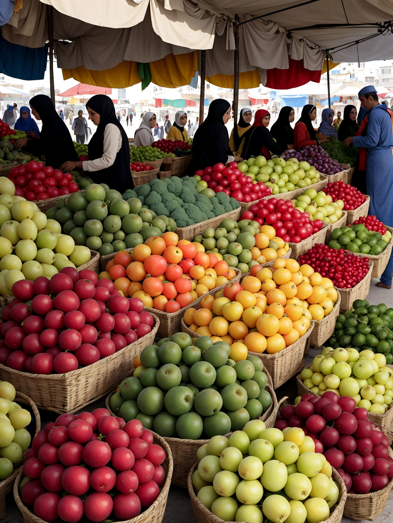 A fruit and vegetable market in Tunis with vendors and shoppers.