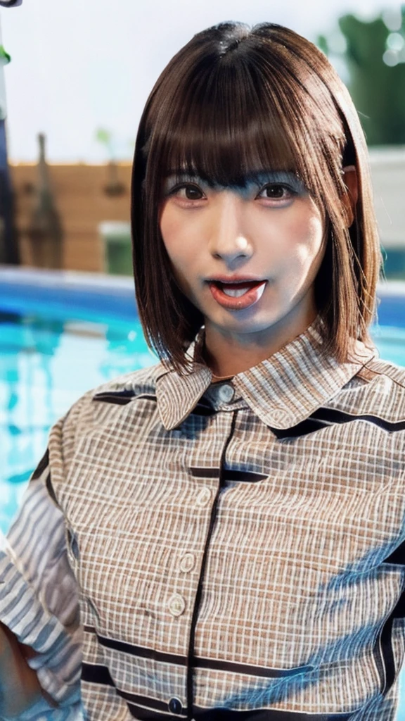 Purelos Face_v1, Highest quality, Realistic, 8K, High resolution, Full Color, One girl, woman, 20 years old woman, (Sticking out tongue:1.33), (Portraiture:0.6), wood, Dawn, ((Poolside Background:1.52)), Full Color, ((Buttoned shirt:1.88)), View your viewers:1.8, (One girl eyes View your viewers:1.55), (Medium Hair, Black Hair, Parted bangs:1.35), (Bokeh),