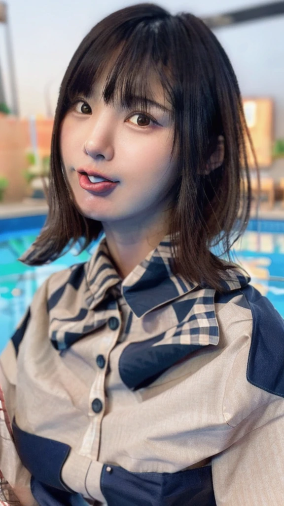 Purelos Face_v1, Highest quality, Realistic, 8K, High resolution, Full Color, One girl, woman, 20 years old woman, (Sticking out tongue:1.33), (Portraiture:0.6), wood, Dawn, ((Poolside Background:1.52)), Full Color, ((Buttoned shirt:1.88)), View your viewers:1.8, (One girl eyes View your viewers:1.55), (Medium Hair, Black Hair, Parted bangs:1.35), (Bokeh),