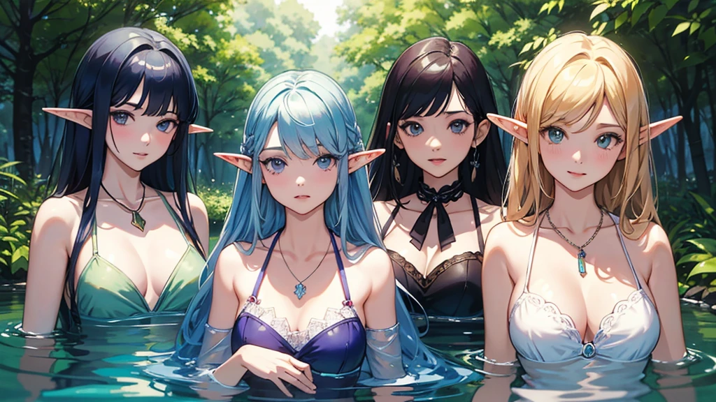 masterpiece, best quality, movie still, floating in the sky, close-up, bright, happy, warm soft lighting, sunset, (sparks:0.7)
, Very long hair,hair style is twin tails, light blue hair, breasts, nipples, look down from above, blush, smile, open mouth, bangs, blue eyes, multiple four elven girls, large breasts, nipples, light yellow hair, hair ornament, navel, medium breasts, sitting,bare lower half body,light green hair, collarbone, flower, :d, sidelocks, outdoors, pointy ears, hand up, hair flower, tree, wet, day, upper teeth only, cherry blossoms, elf,  partially submerged, rock, tree ,grassland , no fence, onsen, bathing, take your pick