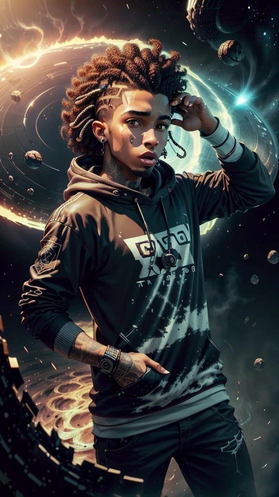 Cantor do youtube Ptu Urzua. offwhite , curly hair shaved on the side. high qualiy. 8K. Details on the clothes.A guy with urban style. trap music singing guy. With a black hole and hundreds of asteroids. 