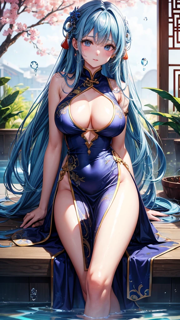 She is touching her clit in her Chinese dress、8K、、Highest quality、Tabletop、Ultra HD、Ultra-detailed、so beautiful、Ultra-detailed髪質、so beautiful、Portrait、Esbian all over、Captivating look、Beautiful woman、Long Blue Hair、blue eyes、Glowing Skin、bursting breasts、Very large breasts、Very big ass、Water droplets running down the skin、The background is a great night pool、naked、Excessive pubic hair growth、Two arms、Two Legs、I can see the、blush、She looks like she&#39;s feeling good、Detailed and high resolution clothing fabric、I want to see her pussy、彼女のI can see the、The Chinese dress has a honeycomb pattern.、Sweat dripping down my entire body、She is wearing sexy Chinese style pantyhose.（1.5)