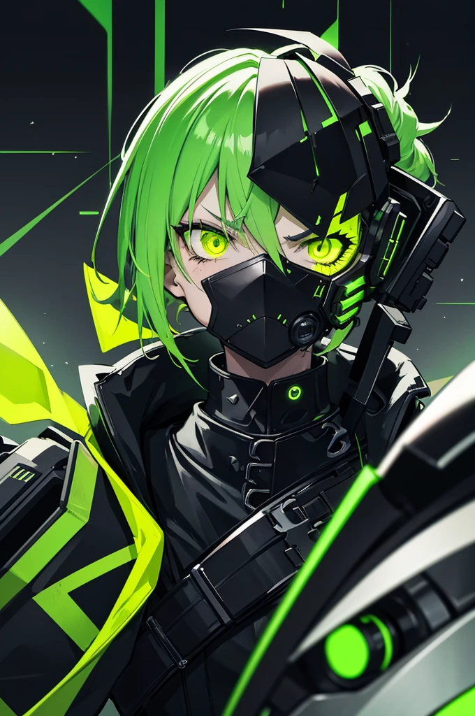 Fluorescent green very short ponytail , black eye, severe dark circles , droopy eyes , cyberpunk hood , Timid , dependent , heartless , night background , dark , Hikikomori , genderless , masculine , boy , man , Man , Overhead retro bike goggles , man 캐릭터