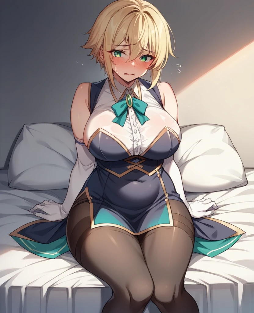 （One girl）、(short hair)、(sidelock)、((Blonde))、（Sato Air）、(boyish)、(Big Breasts)、Chubby、beautiful girl、[Big thighs]、Green Eyes、(Healer)、Black Vest、black leggings、White sleeveless、((hairs between eyes))、(long gloves)、Embarrassed、((see-through))
