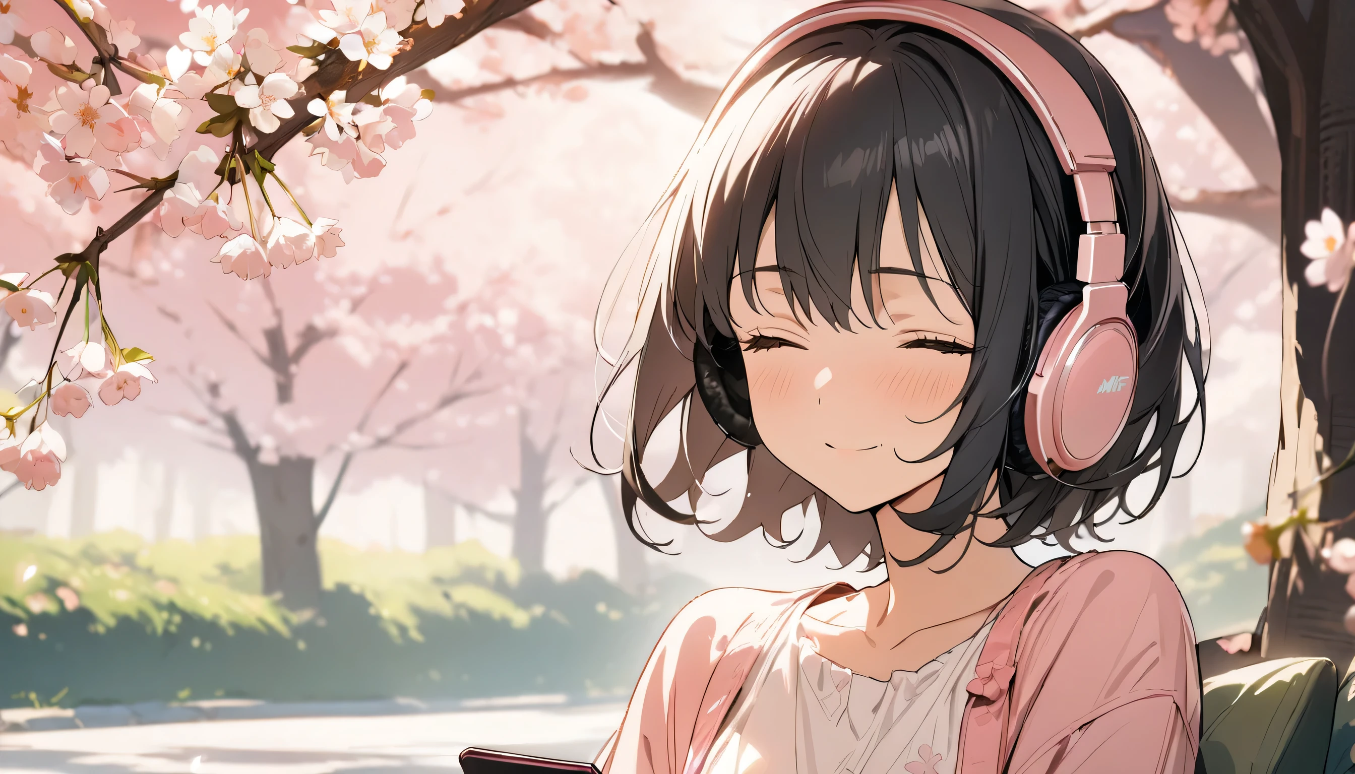 1girl, solo, gentle smile on her face flat chest, short hair, black hair, upper body, ((masterpiece, illustration, best quality)) ((best quality)), ((masterpiece)), (detailed), perfect face, sitting under the cherry blossom tree, listening to music, One woman, wearing headphones, eyes closed, wearing a white and pink dress