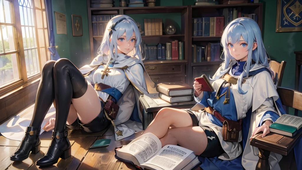 masterpiece, ultra detailed, 8K Portrait, Raw photo, (((((2 girls))))), girls photography, full body, Highly detailed face, ((Fantasy)), , (((classmates))), smile, various hairstyles and hair color, (((white long tunic with a single vertical blue line))), (((black shorts))), (((white cape with coat of arms))), (((little waist hip pouch))), leather boots, various pose, ((holding magic book)), In the classroom of the medieval magic school, sitting, Midday Sun, Hyper realistic, Ambient lighting, Shadow details , Camera focus on face, strong breeze, Light fog