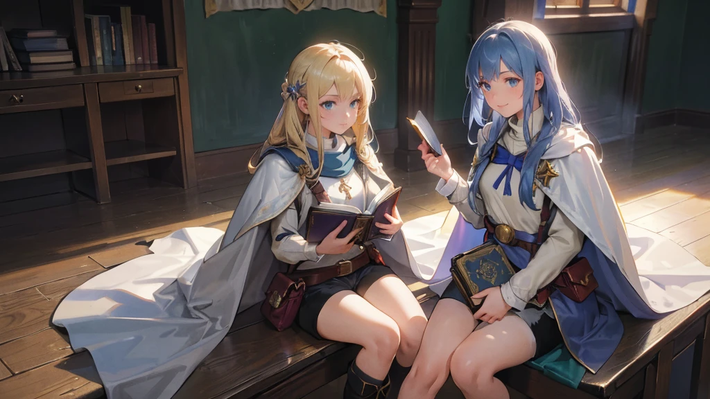 masterpiece, ultra detailed, 8K Portrait, Raw photo, (((((2 girls))))), girls photography, full body, Highly detailed face, ((Fantasy)), , (((classmates))), smile, various hairstyles and hair color, (((white long tunic with a single vertical blue line))), (((black shorts))), (((white cape with coat of arms))), (((little waist hip pouch))), leather boots, various pose, ((holding magic book)), In the classroom of the medieval magic school, sitting, Midday Sun, Hyper realistic, Ambient lighting, Shadow details , Camera focus on face, strong breeze, Light fog