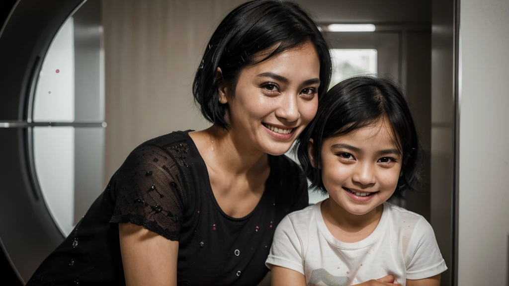 (extremely detailed 8k wallpaper), (30 years old woman with her young daughter), fine focus, ((south-east Asian)), (subsurface dispersion:1.1), (((short black hair))), expression ((smiling)), award-winning photography, in a house.