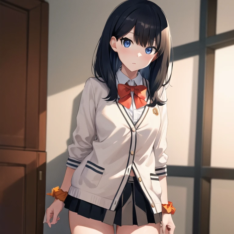 masterpiece, best quality, highres,8K, rikka1, 1girl, back track rich, black hair, 独奏, blue eyes,beautiful and detail eyes, wrist scrunchie, long hair, red socks, , black skirt, bangs, pleated skirt, orange scrunchie, red bow, white cardigan, long sleeves, bowtie, white shirt, Miniskirt, white sweater, cowboy shot, in heat,Seduce,looking at viewer