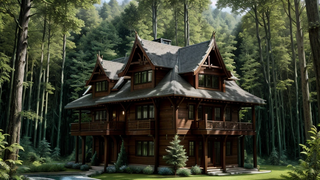 a luxury house in the middle of the forest, hyper realistic with a beautiful view with lots of details, 8k
